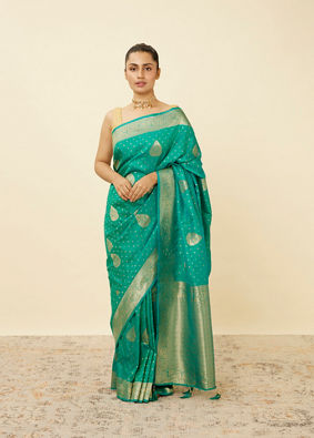 Turquoise Green Saree with Peacock Patterns image number 0